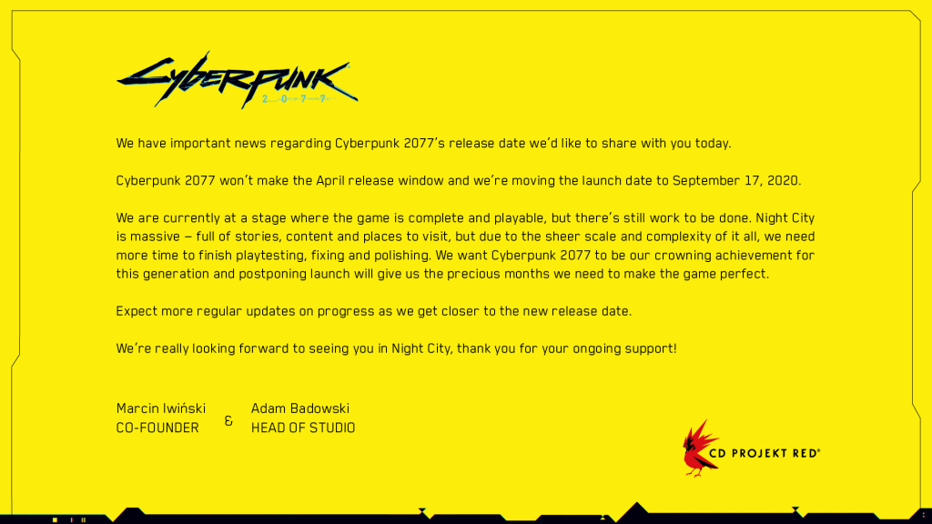 Cyberpunk 2077 Delayed Official Announcement