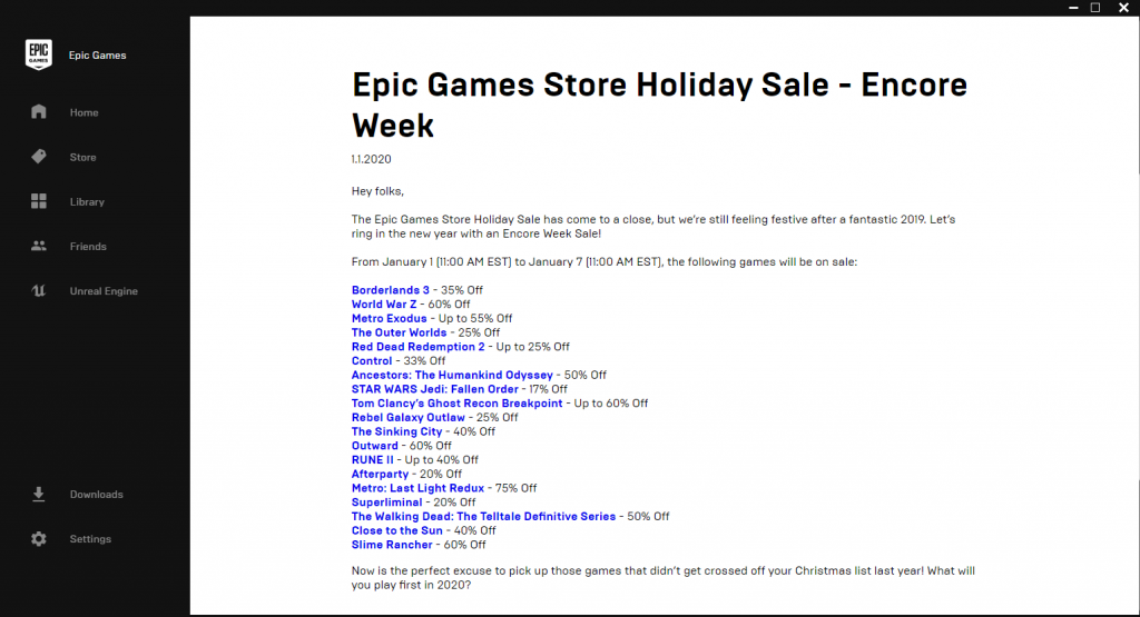 Epic Games Store Holiday Sale 2019 - Encore Week